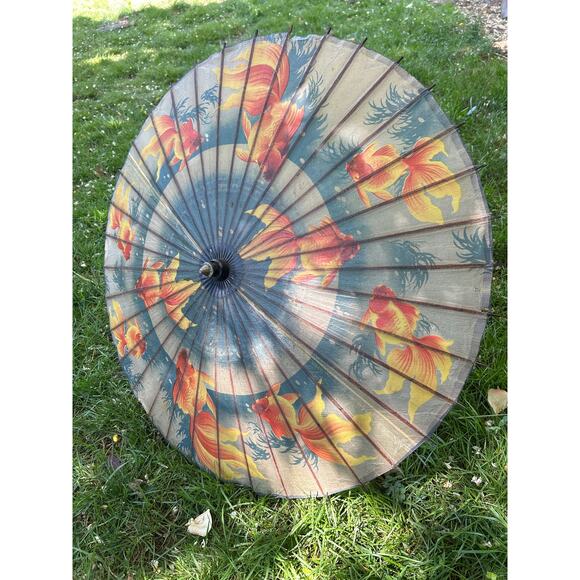 Vintage Koi Fish Paper Parasol 34" Bamboo Umbrella Asian Art Decor - Picture 7 of 8